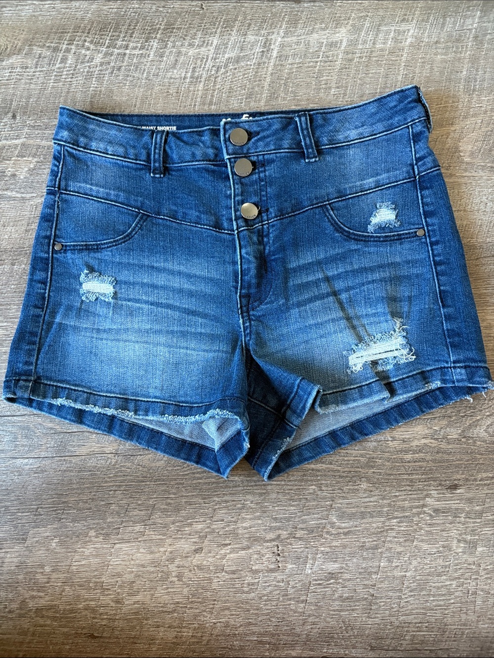 Charlotte Russe Blue Distressed Button-Front Denim Shorts